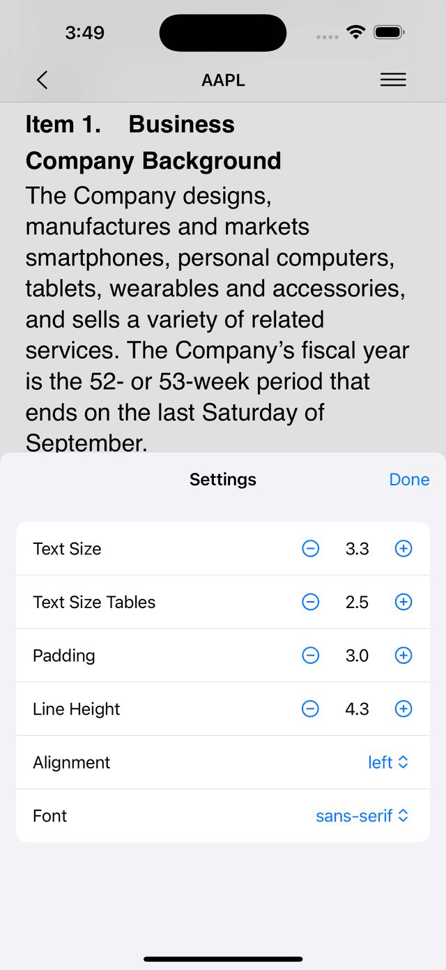 10-K Reader Settings